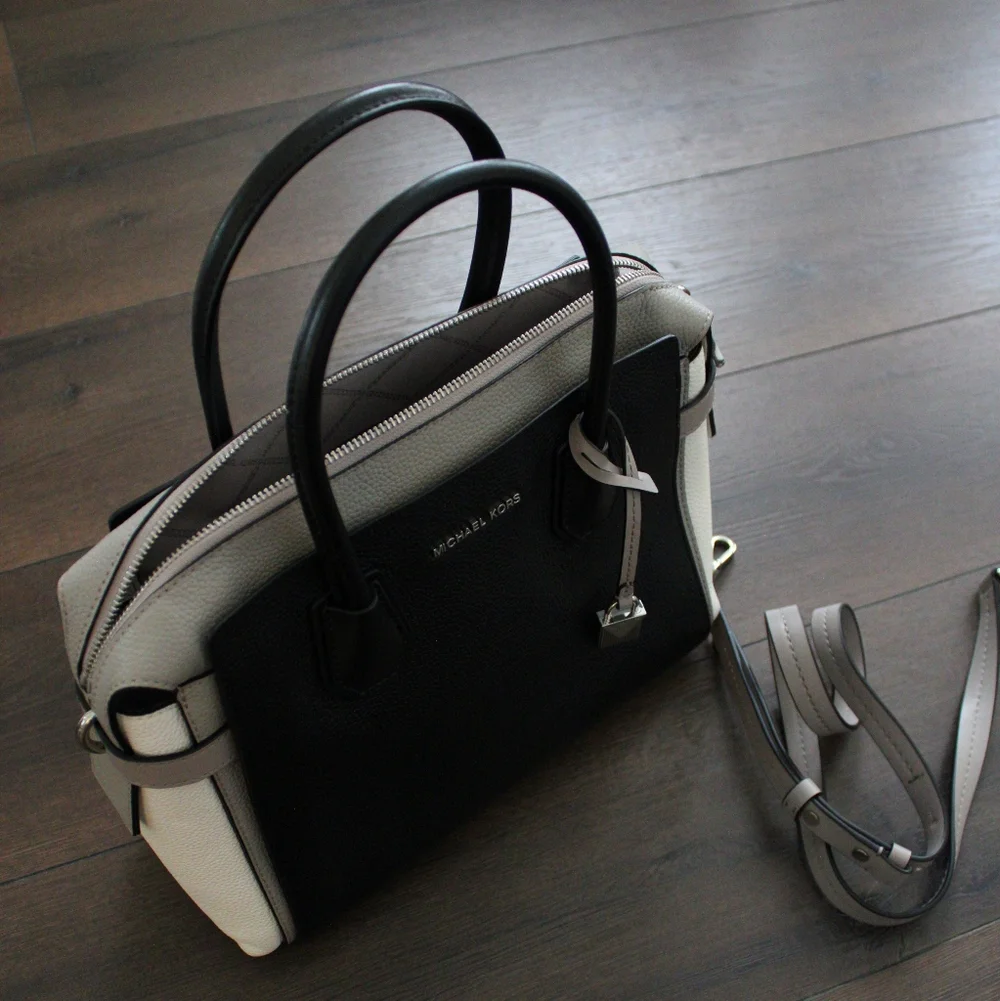 Michael Kors Black and White Colorblock Leather Satchel - Picture 6 of 7